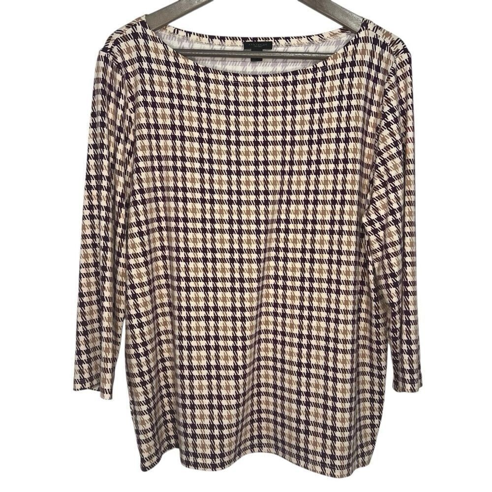 Ann Taylor Houndstooth Top size XL Tan Purple 3/4 Sleeve Pullover Stretch Knit